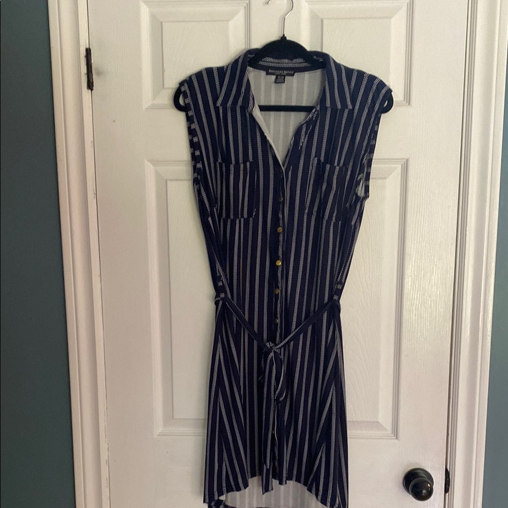 Blue and White High Low Sundress with Collar and Tie Belt